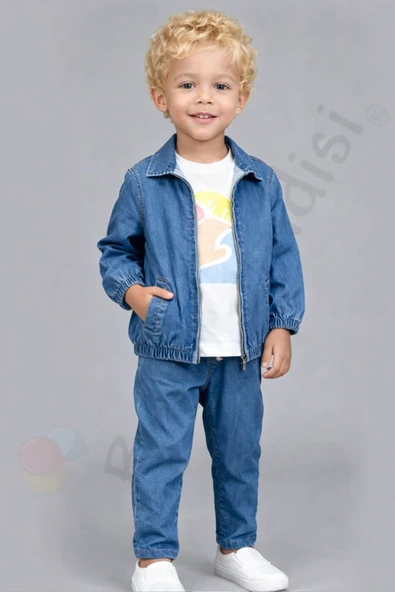 Şık Tişörtlü Kot Ceketli Pantolonlu Cepli Erkek Bebek Çocuk alt ust 3 lü Takım Kıyafetleri Bayramlık ürün görseli 1