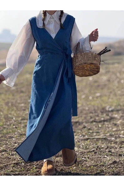Kadın Kalın Askılı Yandan Bağlamalı Denim Kot Salopet Elbise ürün görseli 1