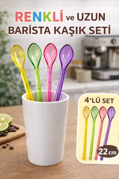 4'lü Renkli Uzun Barista Kaşığı | Akrilik Karıştırma Kaşığı | Tüm Bardaklara Uyumlu ürün görseli 1