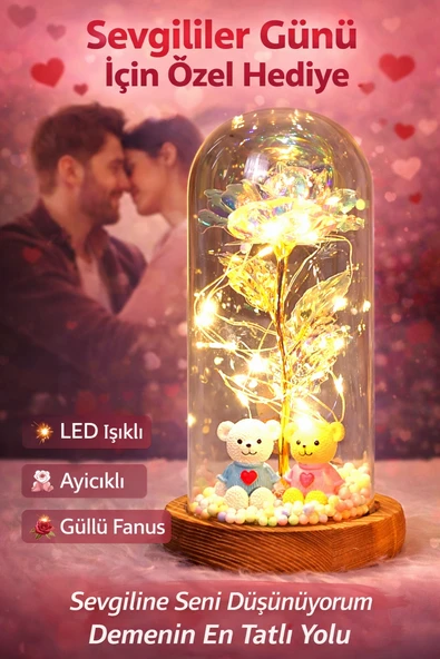 Sevgililer Günü Hediyesi LED Işıklı Güllü Cam Fanus Ayıcık Romantik Dekor ürün görseli 1