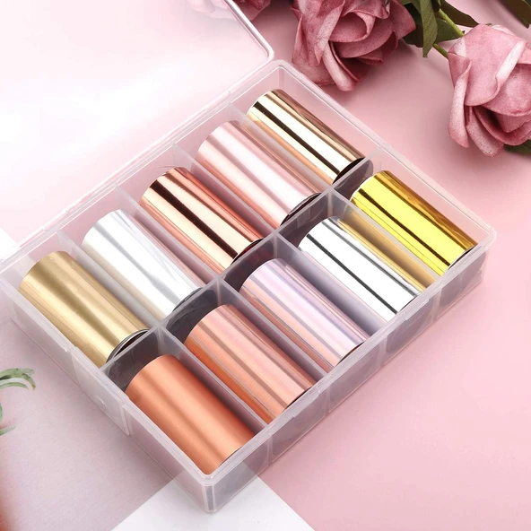 10lu Tırnak Süsleme Folyosu Parlak Gold Bronz Silver Nail Art Transfer Folyo WNF-08B ürün görseli 1