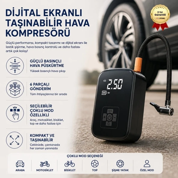 Dijital Ekranlı Taşınabilir Hava Kompresörü – Çok Amaçlı Lastik Şişirme, Güçlü Kompakt ürün görseli 1