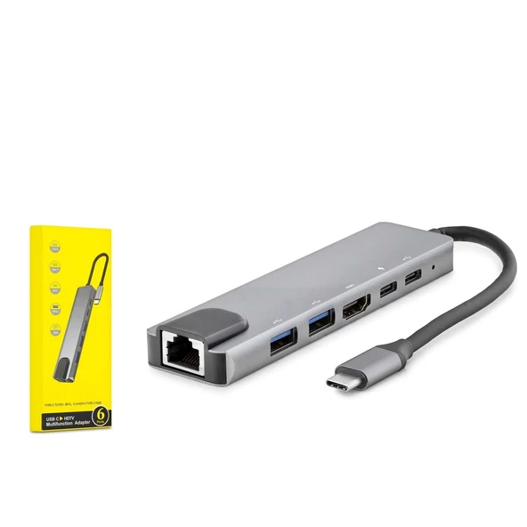 Hadron Hdx7791 Type-C Hdtv Combo Hdmi 4K 30Hz + 2-Type-C + 2-Usb3.0 + Lan 6İn1 Gri ürün görseli 1