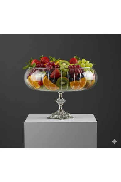 ÇNR Home Collection Lotus kristal 24 cm kesme dekor metal ayaklı salata kasesi cam sunumluk - servis tabağı ürün görseli 1