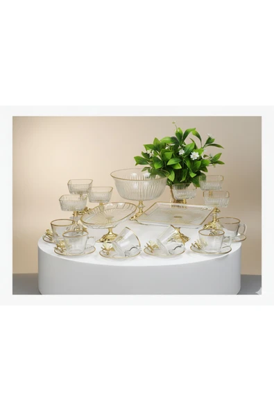 ÇNR Home Collection Paşabahce Gold Detay Ayaklı Sunum & Servis Seti Pasta, Magnolia ,Çay Seti , Kurabiyelik ürün görseli 1