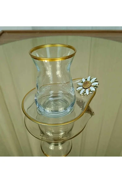 ÇNR Home Collection ÖZEL SERİ YALDIZLI PAPATYA DETAYLI 6'lı ÇAY SETİ ürün görseli 1