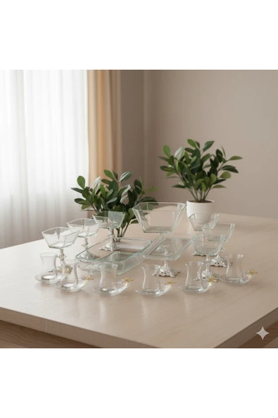 ÇNR Home Collection Paşabahçe Gold Detaylı Metal Ayaklı Sunum & Servis Seti Pasta , Magnolia ,Çay Seti , Kurabiyelik ürün görseli 1