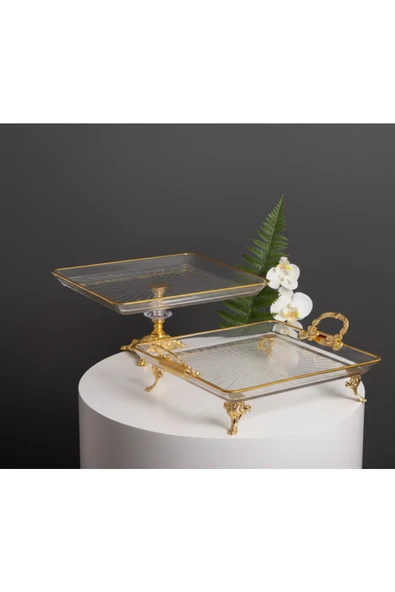 ÇNR Home Collection 2 'li PAŞABAHÇE KRİSTAL METAL AYAKLI YALDIZLI KARE PASTA SUNUMLUK KURABİYELİK ürün görseli 1