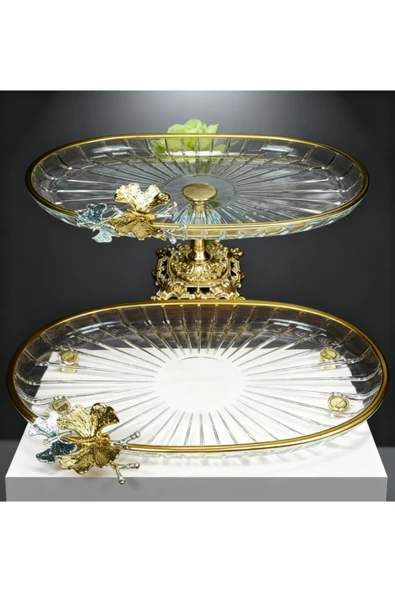 ÇNR Home Collection PAŞABAHÇE KRİSTAL METAL AYAKLI GOLD YALDIZLI OVAL DÜZ PASTA SUNUMLUK KURABİYELİK 2 'li ürün görseli 1
