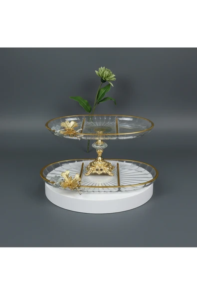 ÇNR Home Collection 2 li PAŞABAHÇE KRİSTAL METAL AYAKLU GOLD YALDIZLI OVAL BÖLMELİ PASTA SUNUMLUK KURABİYELİK ürün görseli 1