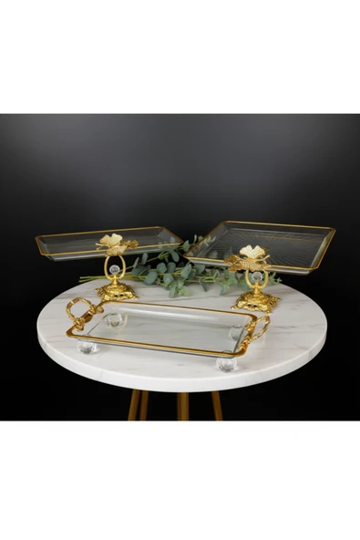 ÇNR Home Collection 3 Parça Gold Yaldızlı Kristal Ayaklı Sunumluk ürün görseli 1