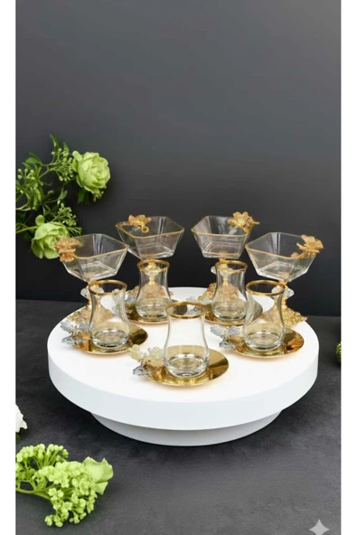 ÇNR Home Collection 18 PARÇA GOLD KELEBEK FİGÜRLÜ ÇAY SETİ & SUNUMLUK ürün görseli 1