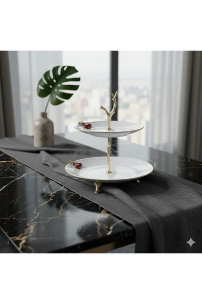 ÇNR Home Collection Metal ayaklı yaldızlı katlı porselen sunumluk kurabiyelik şekerlik ürün görseli 1