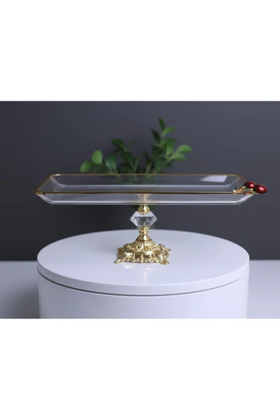 ÇNR Home Collection kristal metal ayaklı yaldızlı kiraz detaylı sunumluk kurabiyelik ürün görseli 1