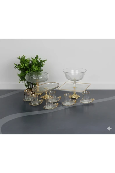 ÇNR Home Collection PAŞABAHÇE GOLD DETAYLI METAL AYAKLI SUNUM & SERVİS SETİ PASTA,ÇAY SETİ , KURABİYELİK ürün görseli 1