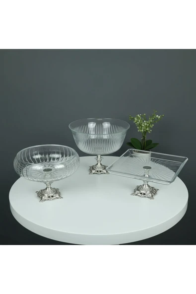 ÇNR Home Collection GÜMÜŞ DETAYLI METAL AYAKLI 3 PARÇA SUNUM VE SERVİS SETİ ürün görseli 1
