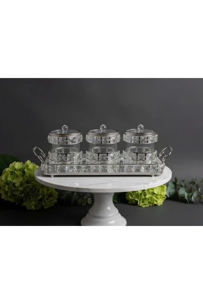 ÇNR Home Collection GÜMÜŞ LÜX TAŞLI TEPSİLİ 3 'lü BAHARATLIK - ŞEKERLİK - SUNUMLUK ürün görseli 1