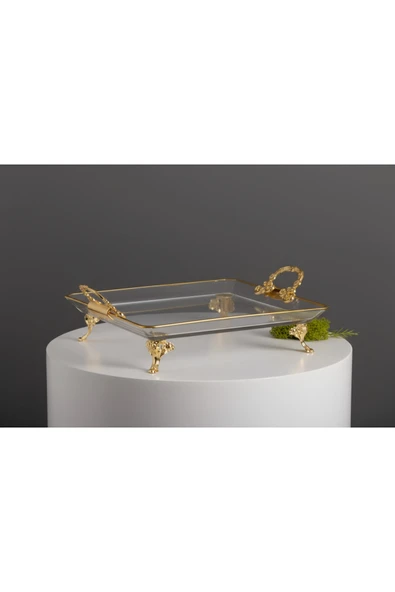 ÇNR Home Collection Paşabahçe Kristal Metal Ayaklı Yaldızlı Kare Pasta Sunumluk Kurabiyelik ürün görseli 1