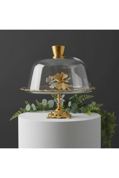 ÇNR Home Collection GOLD METAL AYAKLI CAM KAPAKLI KEK PASTA STANDI FANUS ürün görseli 1