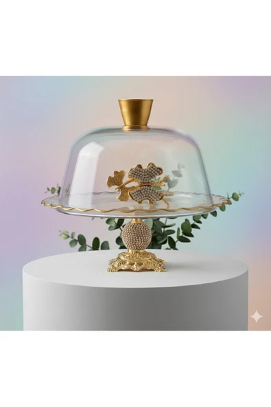 ÇNR Home Collection Gold Metal Ayaklı Cam Kapaklı Kek-Pasta Standı- Fanus ürün görseli 1