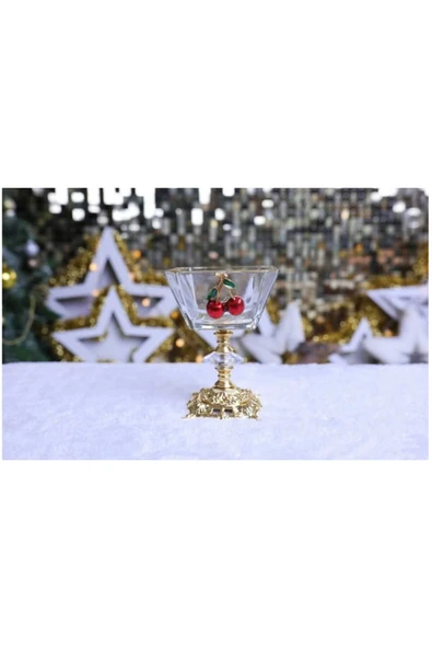ÇNR Home Collection 6 lı Kiraz Detaylı Gold Metal Ayaklı Cup Magnolia Dondurmalık Çerazlik Sunumluk ürün görseli 1
