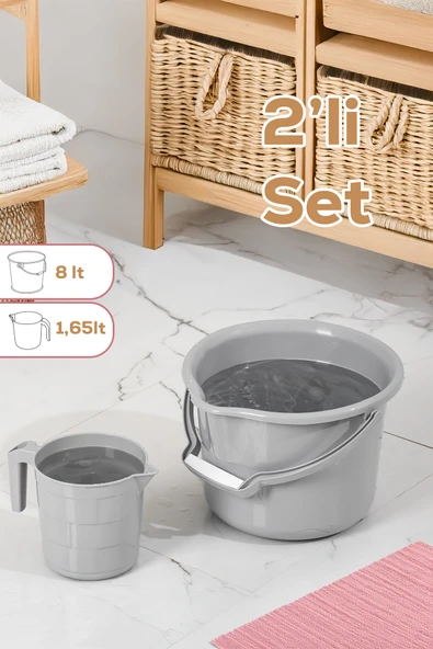 Porsima 4393 2li Banyo Balkon Temizlik Seti 8L Kulplu Kova 1,65L Maşrapa Banyo Seti Gri ürün görseli 1