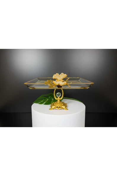 ÇNR Home Collection PAŞABAHÇE KRİSTAL METAL AYAKLI YALDIZLI KARE PASTA SUNUMLUK KURABİYELİK ürün görseli 1