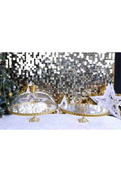 ÇNR Home Collection 2 ' li PAŞABAHÇE METAL AYAKLI YALDIZLI KEK FANUS & PASTA STANDI SUNUMLUK ürün görseli 1