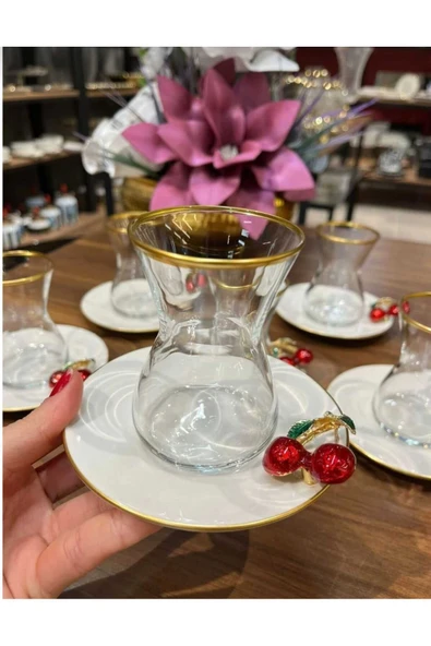 ÇNR Home Collection PANDORANIN KUTUSU PORSELEN TABAKLI PAŞABAHÇE BARDAKLI KİRAZLI 6 KİŞİLİK ÇAY BARDAĞI SETİ ürün görseli 1