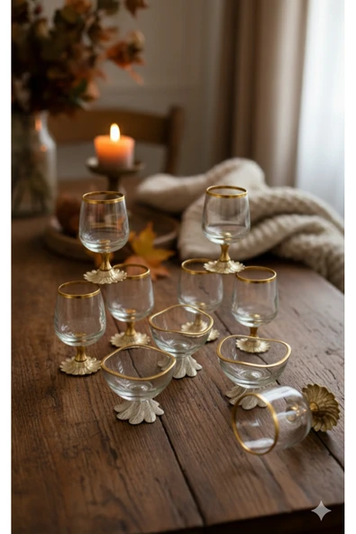 ÇNR Home Collection 12 parça gold kahve yanı 6 lı su bardağı & 6 lı lokumluk-şekerlik ürün görseli 1