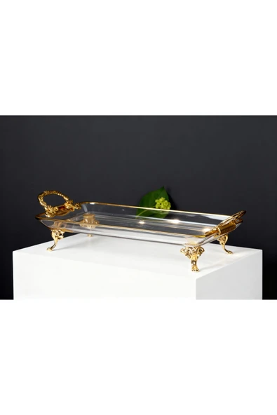 ÇNR Home Collection Paşabahçe Kristal Metal Ayaklı Yaldızlı Sunumluk Krabiyelik Tepsi ürün görseli 1