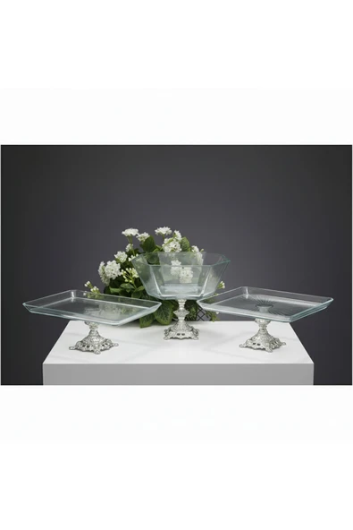 ÇNR Home Collection 3 Parça Gümüş Pasta Sunumluk Kurabiyelik seti ürün görseli 1