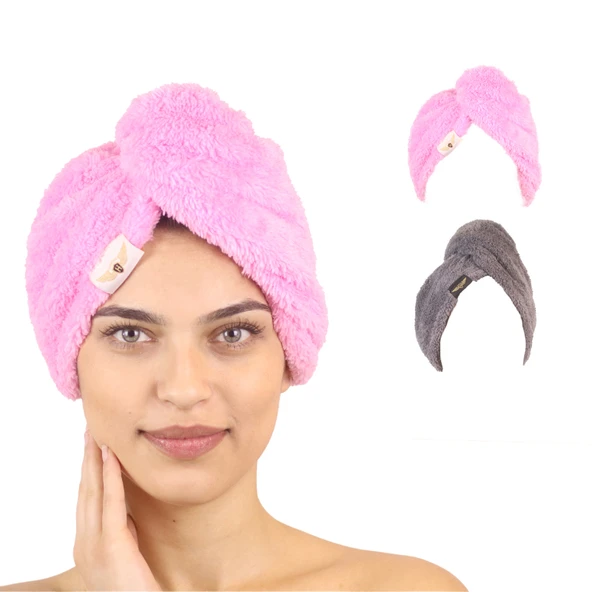 2'li Paket Mikrofiber Saç Havlusu (Pembe-Gri) ürün görseli 1