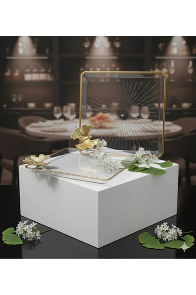 ÇNR Home Collection PAŞABAHÇE TAŞLI KELEBEKLİ KARE MADLEN SUNUM SERVİS TABAĞI 2 ' li ürün görseli 1