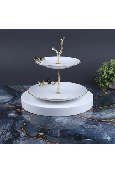 ÇNR Home Collection Metal ayaklı yaldızlı katlı porselen sunumluk kurabiyelik şekerlik ürün görseli 1