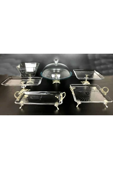 ÇNR Home Collection 6 PARÇA DÖKÜM AYAKLI GÜMÜŞ CAM SUNUMLUK ürün görseli 1