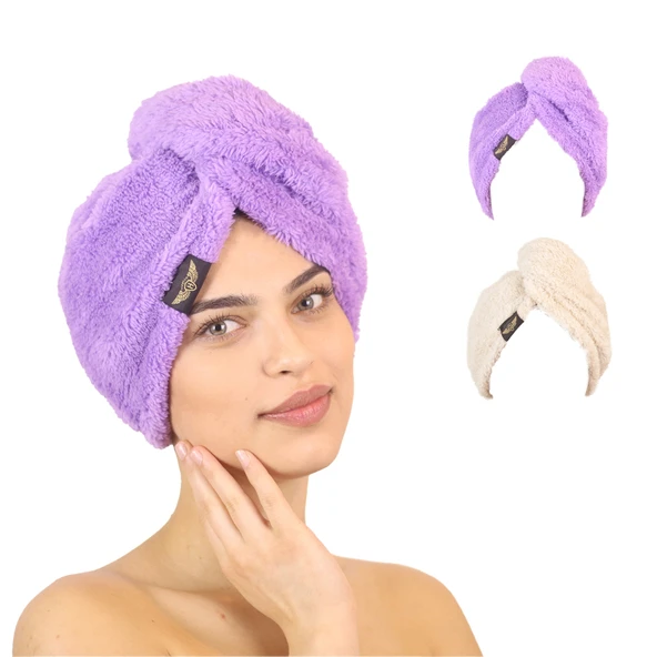 2'li Paket Mikrofiber Saç Havlusu(Lila-Bej) ürün görseli 1