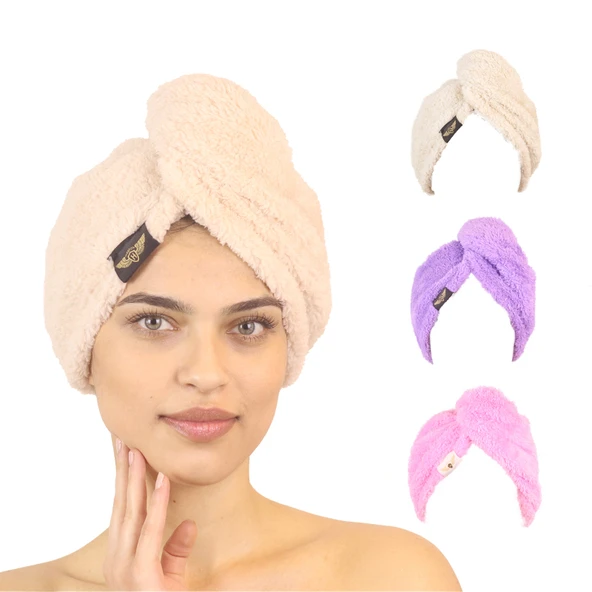 3'lü Paket Mikrofiber Saç Havlusu(Bej-Lila-Pembe) ürün görseli 1