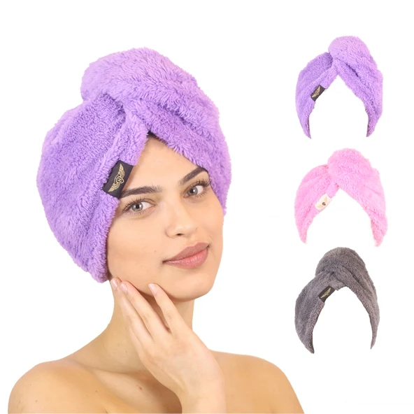 3'lü Paket Mikrofiber Saç Havlusu (Lila-Pembe-Gri) ürün görseli 1