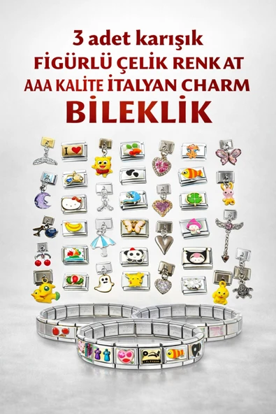 Jack Ferrero 3 adet karışık FİGÜRLÜ ÇELİK RENK ATMAZ AAA KALİTE İTALYAN CHARM BİLEKLİK ürün görseli 1
