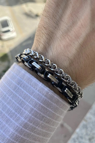 TOMKORS Erkek yüzde yüz çelik bileklik zincir 2li set kararmaz renk atmaz paslanmaz solmaz ürün görseli 1