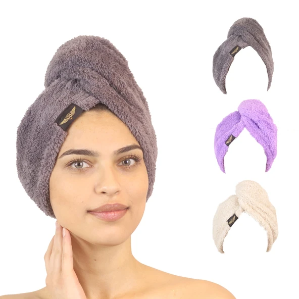 3'lü Paket Mikrofiber Saç Havlusu(Gri-Lila-Bej) ürün görseli 1