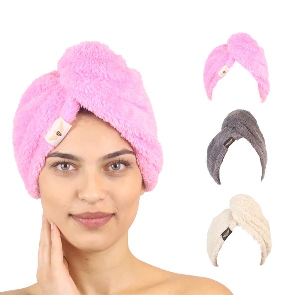 3'lü Paket Mikrofiber Saç Havlusu(Pembe-Gri-Bej) ürün görseli 1