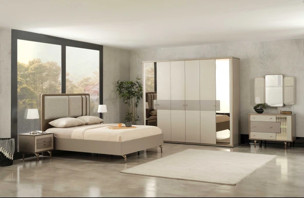 Dienni Truva Modern Yatak Odası Takımı - 6 Kapaklı Gardırop, Şifonyer, 2 Komodin ve 160x200 Karyola + Başlık Seti ürün görseli 1