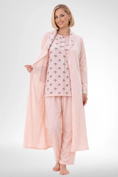 Mecit 6316 Pudra Kadın Büyük Beden Sabahlıklı Pijama Takımı ürün görseli 1