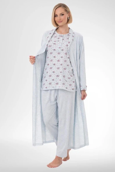Mecit 6316 Mavi Kadın Büyük Beden Sabahlıklı Pijama Takımı ürün görseli 1