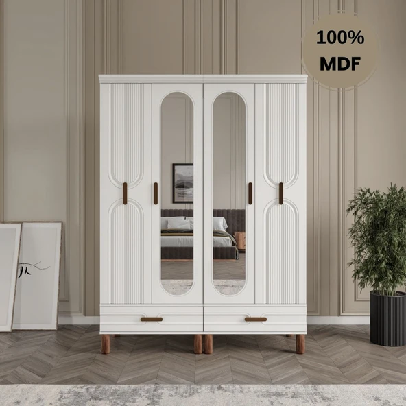 Zen 4 kapak MDF ayaklı tasarım aynalı country gardırop ürün görseli 1