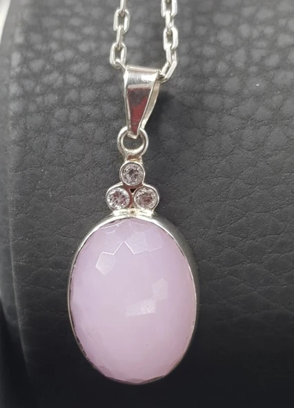 Pembe Kuvars Taşlı El İşi Gümüş Kolye - Resim 2