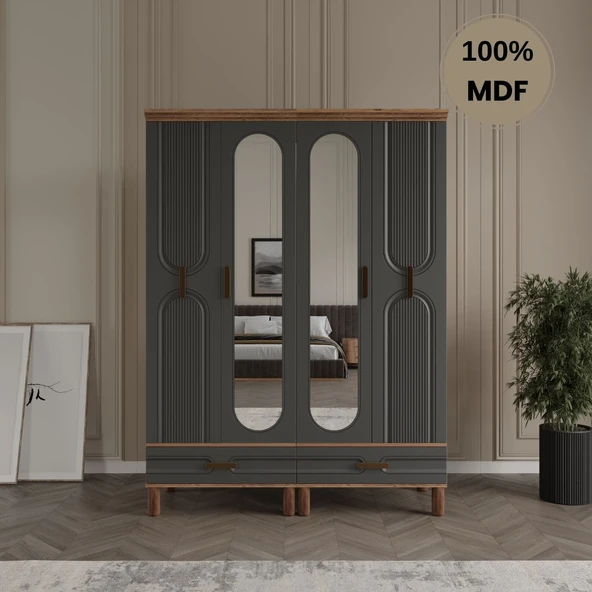 Zen 4 kapak MDF ayaklı tasarım aynalı country gardırop ürün görseli 1