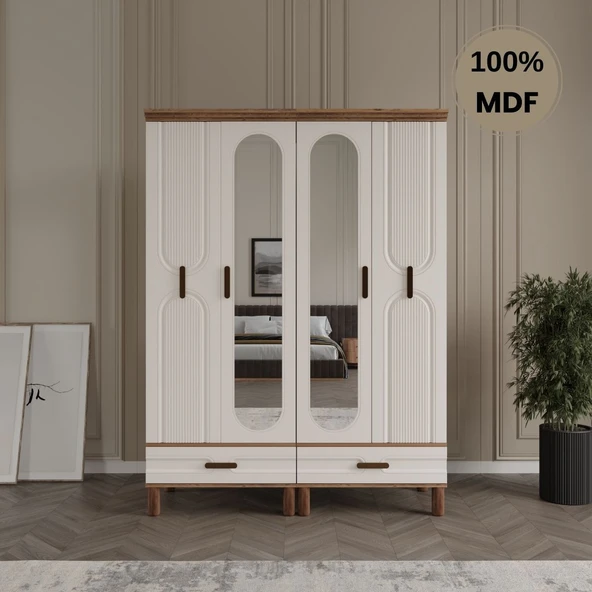 Zen 4 kapak MDF ayaklı tasarım aynalı country gardırop ürün görseli 1